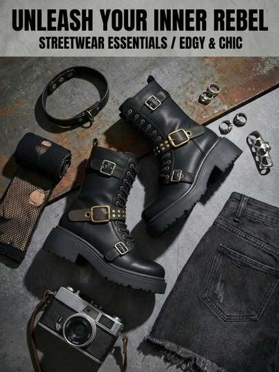 Bello Star Women's Buckle Design Casual Chunky Heel Motorcycle Boots
