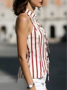 1pc Women's Tie-Front Sleeveless Striped Shirt - Red - View 2