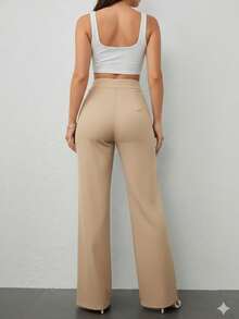 Pantalón Wide  Elegante Con Pinzas Frontales Y Tiro Alto - Pantalón De Vestir Formal Pierna Ancha Para Mujer. Pantalón Sastre De Cintura Alta Que Estiliza La Figura. Calidad Premium Garantizada. - Beis - Ver 2