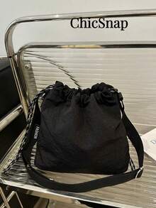 Sac seau minimaliste et léger à cordon de serrage, sac bandoulière en nylon de couleur unie, convient pour les courses, le portefeuille, les courses, les jeunes femmes - Noir - Voir 1