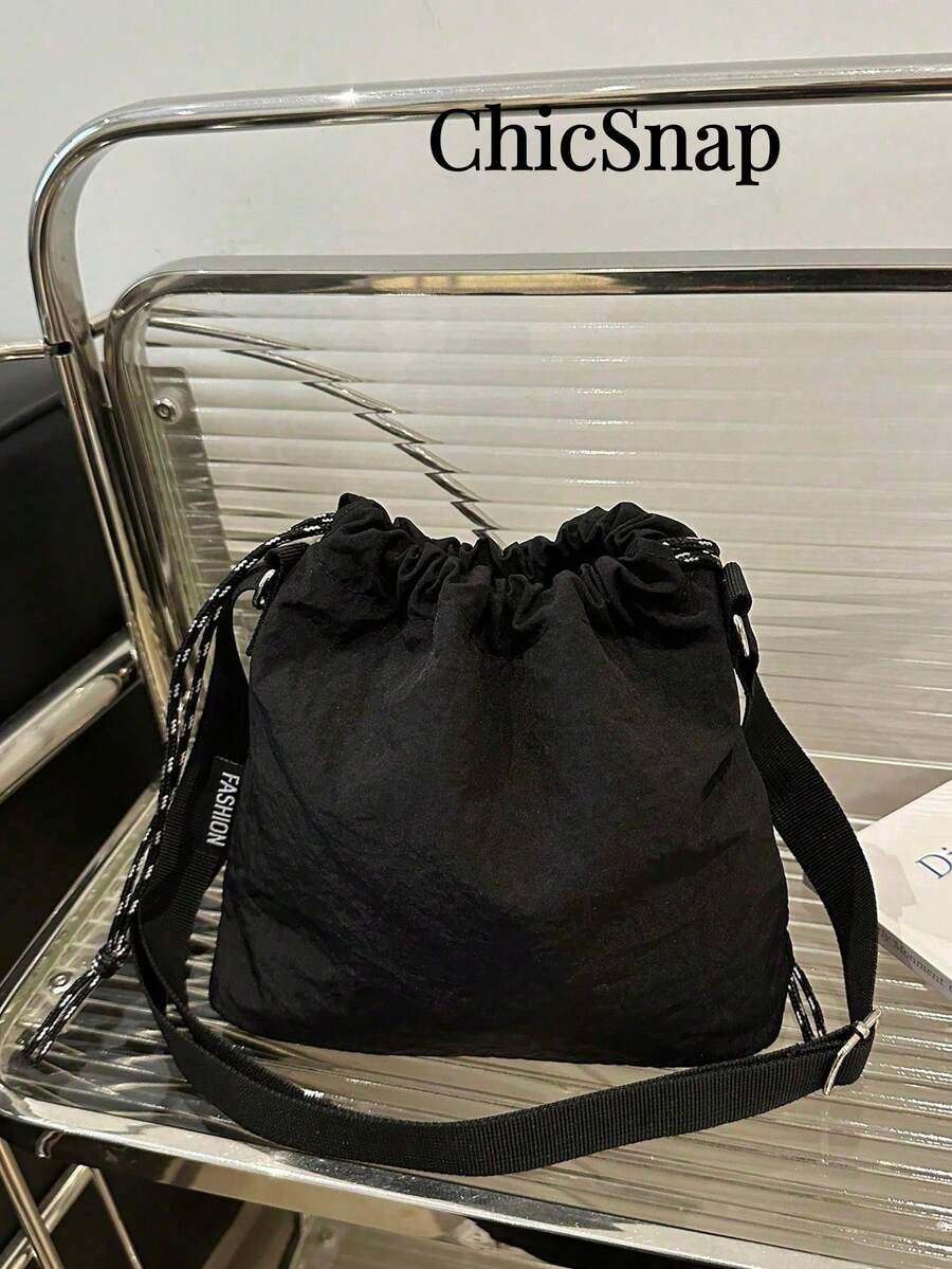 Sac seau minimaliste et léger à cordon de serrage, sac bandoulière en nylon de couleur unie, convient pour les courses, le portefeuille, les courses, les jeunes femmes - Noir - Voir 1