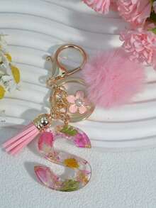 1pc Dried Flower Letter Keychain Resin Pendant Daisy Flower Keyring, Pink Gift With Pom Pom Tassel Charm - Pink - View 32