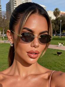 1 Cặp kính gọng kim loại hình oval cổ điển unisex, thích hợp cho phong cách thường ngày, đi làm, đi biển, đường phố, kính mắt cá nhân hóa. - màu xám vàng - Xem 1