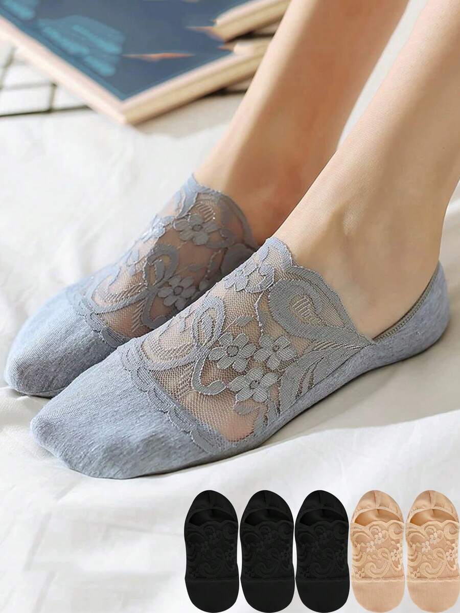 1/5/10 Pairs Of Women's Summer Lightweight Breathable Style Lace Pattern Casual Boat Socks - Multicolor - View 1