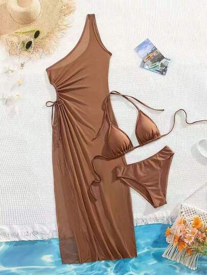 2026新款三件套棕色女士泳装，吊带比基尼搭配露肩网纱罩衫，优雅假日必备沙滩装