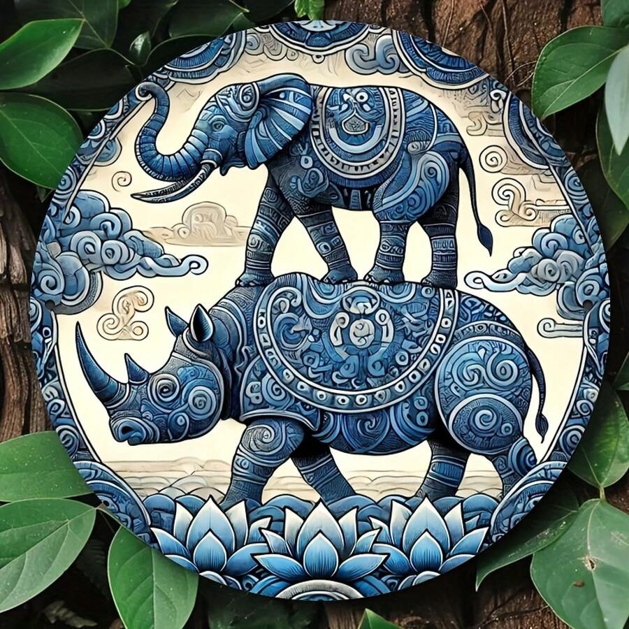2D Flat, 1 Piece 2D Flat Printed Metal Iron Sign [2D Flat] 1 Piece Metal Sign, Rhino And Elephant Fantasy Art, 8x8inch (20 * 20cm ), Durable, Waterproof, Fade-Resistant, Rust-Resistant, Easy To Hang, Round Wall Art, Perfect For Home, Kitchen, Garage, Restaurant, 2D Flat - Multiple - View 1