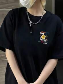 日系女式宽松休闲圆领卡通印花短袖T恤，春夏百搭黑色度假风 - 黑色 - 查看 5