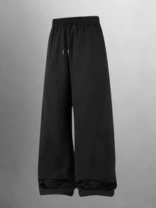 Pantalones casuales y deportivos de unicolor para hombres, de estilo holgado y de pierna ancha, con cordón y cinturón en la cintura, cómodos de llevar, adecuados para el trabajo diario, el ocio, las vacaciones, los deportes al aire libre y otras ocasiones, se pueden usar durante todo el año. - Negro - Ver 3