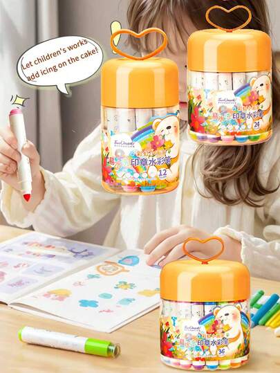 12/24/36 Colors Watercolor Brush Pens, Large Capacity Easy To Wash Thick Barrel Cone Tip, Dual-Tip For Sketching/Painting/Coloring, Washable, Stamp Design To Enhance Drawing Fun, Back To School Essential Stationery Set