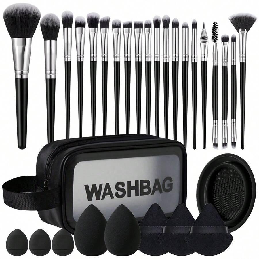 30PCS Makeup Tools Set Including:20PCS Makeup Brush Set+1pc Multi-Functional Zipper Toiletry And Cosmetic Bag Waterproof+2PCS Makeup Sponges+3PCS Triangle Powder Puffs+3PCS Mini Air Cushion Powder Puffs+1pc Makeup Brush Cleaning Tools - Black - View 1