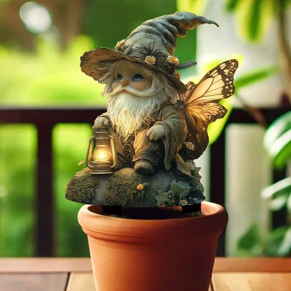 1PC 2D Charming Garden Gnome With Butterfly Wings Acrylic Stake - Vibrant Home & Patio Decor, Freestanding Outdoor Festive Ornament, Ideal For Potted Plants, No Power Needed, Battery-Free