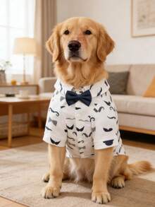 Gentleman Casual Bow Tie Stylish & Cute Multi-Color Denim Print Shirt For Small Dogs, Suitable For All Seasons, Anti-Shedding, Ideal For Cats, Pug, Pomeranian, Party & Holiday Outfit - Blue and White - View 14