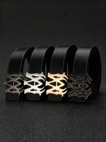 Men's Fashion Letter Push Buckle Belt, Premium Black PU Faux Leather Belt With Adjustable Push Buckle | 5 Buckle Colors (Gold/Silver/Black/Gold-Black/Silver-Black), Suitable For Formal And Casual Wear, 120cm Length, Ideal Gift For Men - Multicolor - View 2