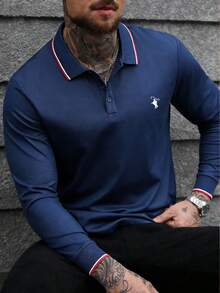 男士高尔夫球衫，时尚商务休闲印花短袖Polo衫，纽扣设计 - 藏蓝色 - 查看 1