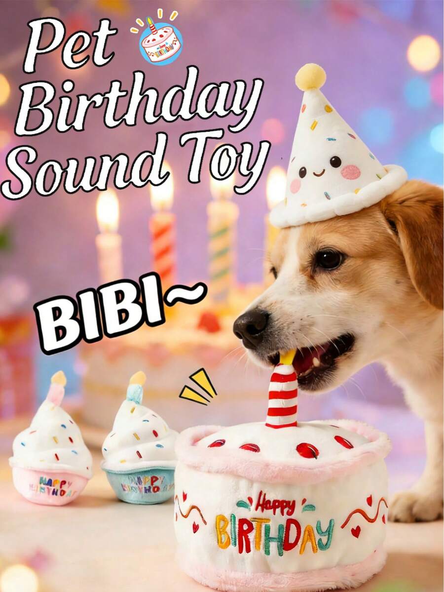 1pc Realistic Birthday Cake Toy With Sound, "HAPPY BIRTHDAY" Embroidery, Built-In BB Sound Maker, Heart Embroidery, 3D Birthday Candle, Birthday Party Photo Prop, Pet Interactive Toy, Suitable For Cats & Dogs, Birthday/Party Gift - Blue - View 1