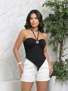 Cropped Feminino Canelado Top Frente Única Assimétrico Com Bojo Amarração No Pescoço Básico Casual Elegante Tendencia Moda Verão - Preto - Visão 3