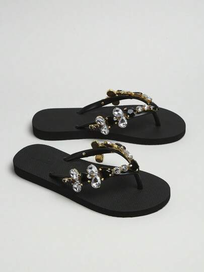 1 Pair Spring/Summer New Beach, Resort, Summer Outdoor, Wedding, Bridesmaid, Bathroom Anti-Slip Women's Rhinestone Shiny EVA Lightweight Flat Sandals, Rhinestone Flip Flops, Beach Slippers