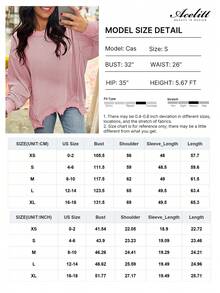 Acelitt Kaos Kasual Longgar Lengan Panjang Bergaris Tekstur Warna Polos Musim Gugur dengan Kerah Bulat - Berwarna merah muda - View 2