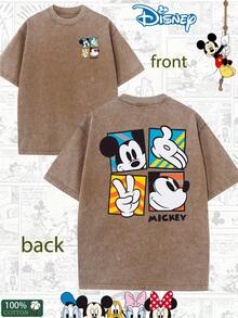 Disney New Summer Style-Officially Authorized Certification-Mickey Mouse Mickey Cartoon Double-Sided Pattern Printing Retro Short-Sleeved T-Shirt-Washable Cotton Retro Comfortable Elasticity-Short Sleeves Of The Same Fashion Cartoon Element T-Shirt For Men And Women In Summer-Casual Daily Street Style Fashion Men's T-Shirt - Khaki - View 1