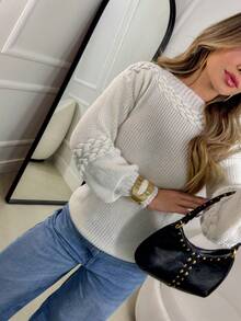 Women's Knit Blouse With Inverted Braid, Long Puff Sleeves, Ribbed Cuffs, Fashion Knitwear For Winter - Off - View 2