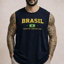Men's Tank Top With Brazil South America World Cup Print. Sleeveless Shirt In Lightweight And Comfortable Cotton Knit For All Seasons. - màu đen - Xem 2