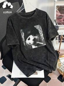 复古猫咪抽象印花做旧T恤，小众设计上衣，女士T恤，水洗棉T恤，日常穿着，雪花图案面料，舒适圆领休闲上衣，复古做旧T恤，女装，春夏黑色 - 黑色 - 查看 8