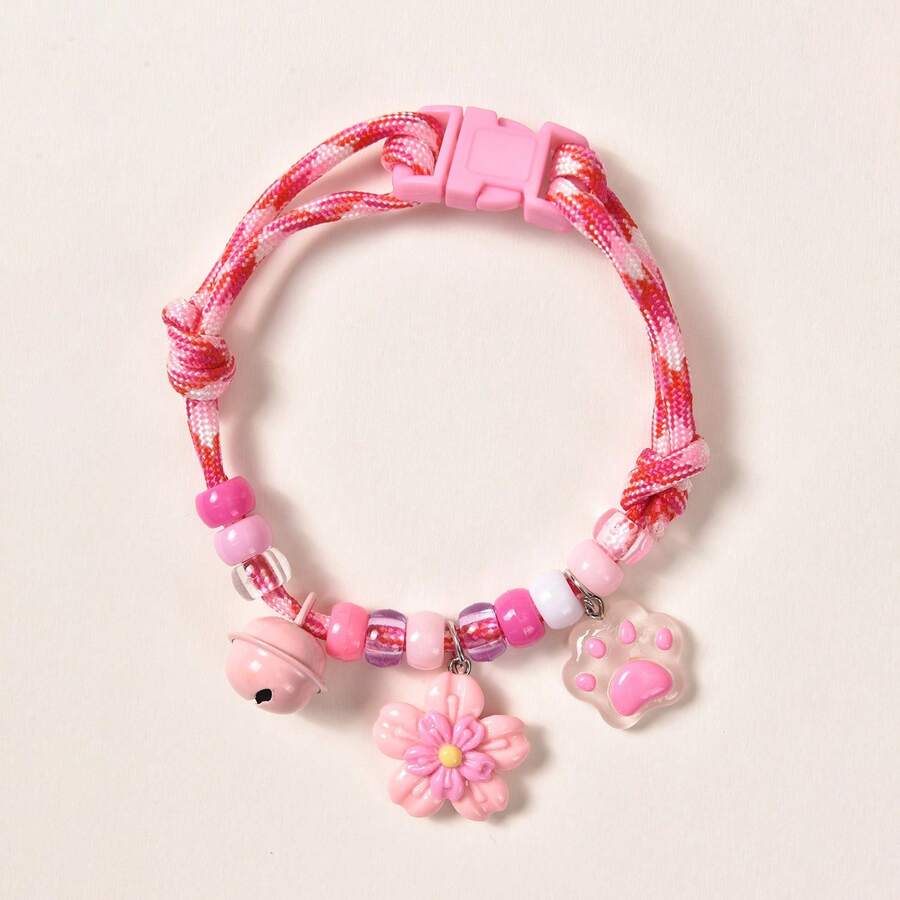 Flower Shaped Pendant Necklace, Paw Print Model Dog Collar, Pet Cat Necklace Accessories, Bell Cat Collar - Pink - View 1