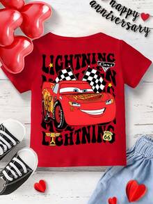Disney Black Background Cars Lightning McQueen Print Kids' Short Sleeve T-Shirt - Playful And Cute Racing Style Top - Đỏ - Xem 4