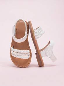 1 Pair Summer Party & Wedding Cute Striped Woven Hook And Loop Princess Style Lace Flat Sandals For Toddler Girls - White - View 5