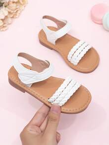 1 Pair Summer Party & Wedding Cute Striped Woven Hook And Loop Princess Style Lace Flat Sandals For Toddler Girls - White - View 6