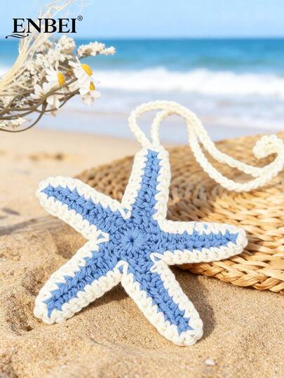 ENBEI 1pc Handmade Crochet Blue & White Starfish Hanging Decor, Beach Themed Bag/Wallet Accessory. It Can Be Used To Decorate Beach Bags And Wallets, A Perfect Accessory For Daily Wear For Women, And An Essential Item For Travel And Cruises, An Ideal Gift For Couples.