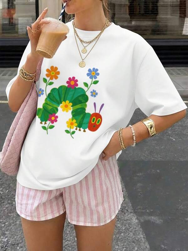 St Patrick's Day Women, Colorful Caterpillar Graphic Tee, Oversized T-Shirt, Summer Outfits, Casual Style, Cute Tops