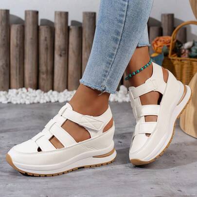 1 Pair Women's Casual Solid Color Hook And Loop Platform Wedge Sandals, Outdoor Summer, 6cm Insole Height, Soft Sole, Comfortable Wear