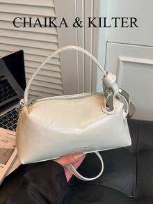 CHAIKA & KILTER 1 件装纯色亮面 PU 皮革手提包，女士休闲时尚托特水桶包，波士顿枕形包，字母金属装饰，顶部拉链封口，可拆卸可调节肩带，适合日常购物 - 白色 - 查看 6
