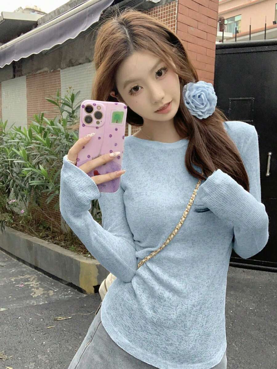 女士修身圆领T恤，防晒，韩版，春夏款 - 淺藍色 - 查看 1