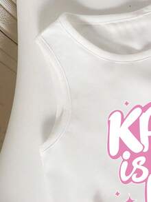 Young Girl Round Neck Letter Print Sleeveless Top And Shorts Casual Daily Set - White - View 4