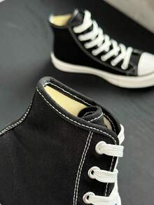黑色帆布鞋，女鞋，运动鞋，中帮休闲系带鞋，春秋季，韩版风格，简约时尚，高帮休闲运动鞋，经典中帮帆布鞋，百搭休闲滑板鞋 - 黑色 - 查看 6