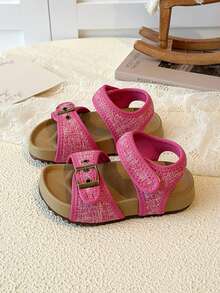 1 Pair Vibrant Girls' Sandals, Knitted Upper, Anti-Slip Thick Sole, Children's Minimalist Flat Sandals, Retro Style, Suitable For Daily Wear, Parties, Play, And Vacation In Summer - Hot Pink - View 1