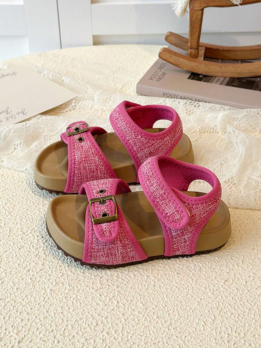 1 Pair Vibrant Girls' Sandals, Knitted Upper, Anti-Slip Thick Sole, Children's Minimalist Flat Sandals, Retro Style, Suitable For Daily Wear, Parties, Play, And Vacation In Summer - Hot Pink - View 1