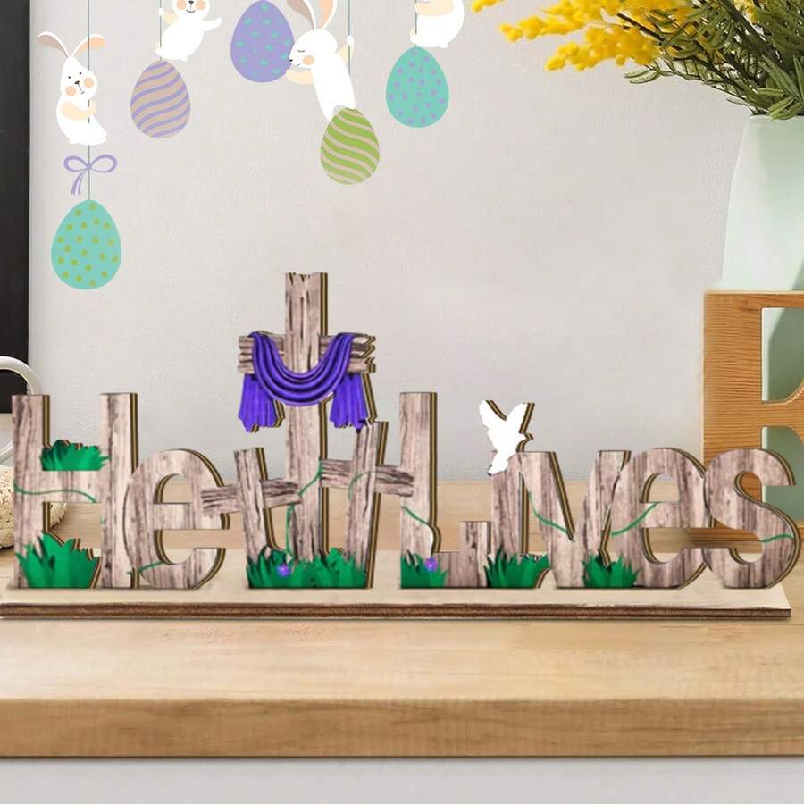 1pc Easter Wooden Table Decorations, He Is Risen Easter Wooden Table Ornaments, Festive Decorations, Suitable For Easter Party Table Decorations, Spring Living Room Dining Table Decorations - Multicolor - View 1