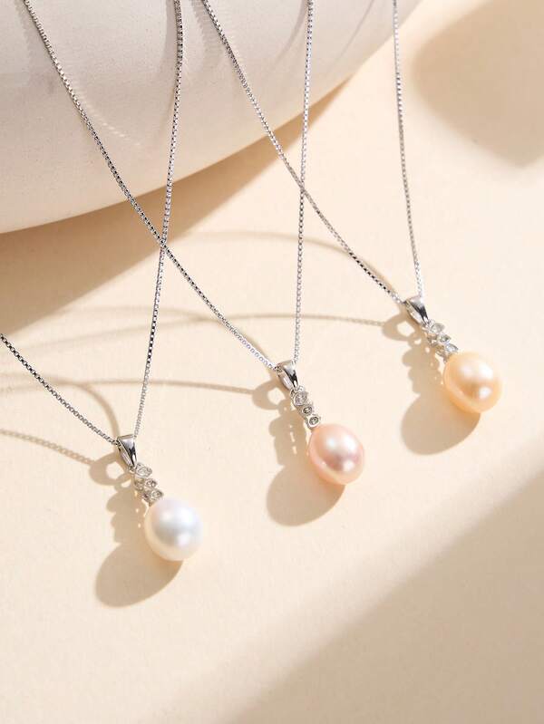 AETOLIA 1pc S925 Silver Plated Minimalist 7-9mm Cultured Pearl Pendant Necklace, Suitable For Women Wearing On Dates/Weddings