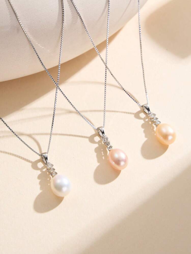 AETOLIA 1pc S925 Silver Plated Minimalist 7-9mm Cultured Pearl Pendant Necklace, Suitable For Women Wearing On Dates/Weddings - Silver - View 1