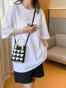 lulu kewen Crochet Bags Handheld Bag Crossbody Bag Shoulder Bags Love Pattern A Women's Handbag Crossbody Bag Shoulder Bags Is Used To Store Mobile Phone Keys, Change, And Other Personal Items During Shopping, Tourism, And Vacation - Black - View 6