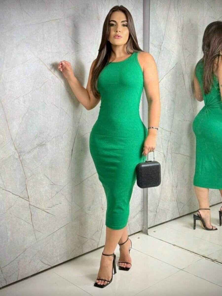 Vestido Famnino Canelado Slim Midi  elegante  Casual  Festa    Praia  Noite  Escritório  Casa  Jardim - Verde Menta - Visão 1