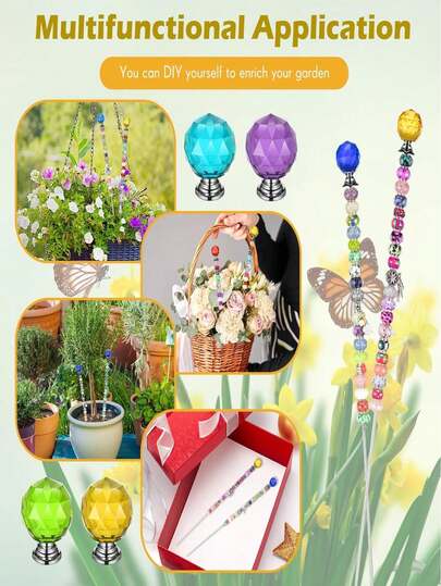 116pcs DIY Kit Fairy Wands, Garden Stakes, Suitable For Garden Decor, Includes 5 Colored Crystal Caps, 5 Threaded Rods, 80 Large Hole Beads, 18pcs Decorative Accessories