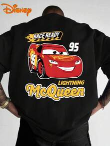 Disney Men's Casual T-Shirt, Featuring A Red Cartoon Car Pattern From "Cars", Full Of Dynamic Racing Atmosphere, Suitable For Disney Outings, Parent-Child Outfits, Street Gatherings And Other Scenes - 黑色 - 查看 2