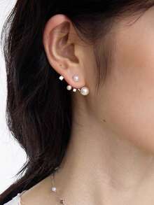 1对女士925纯银不对称钻石珍珠耳环，奢华独特优雅耳环，适合日常佩戴 - #1 - 查看 3