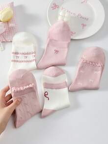 4 Pairs Soft & Comfortable Lace Ruffle Floral Bow Decor Ballet Style Mid-Calf Socks, Random Colors, Suitable For All Seasons - Multicolor - View 12