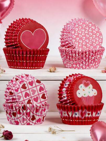 心形纸杯蛋糕衬垫，一次性松饼烘焙杯，适用于情人节、婚礼、生日、万圣节、圣诞派对