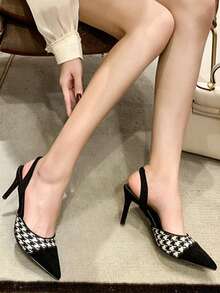 Pointed Toe Sexy High Heel Shoes Women Silver Rhinestone Strap Backless Sandals Elegant French Style Open Toe Heeled Slippers, Spring/Summer (Run Small By Half Size) - Black - View 5